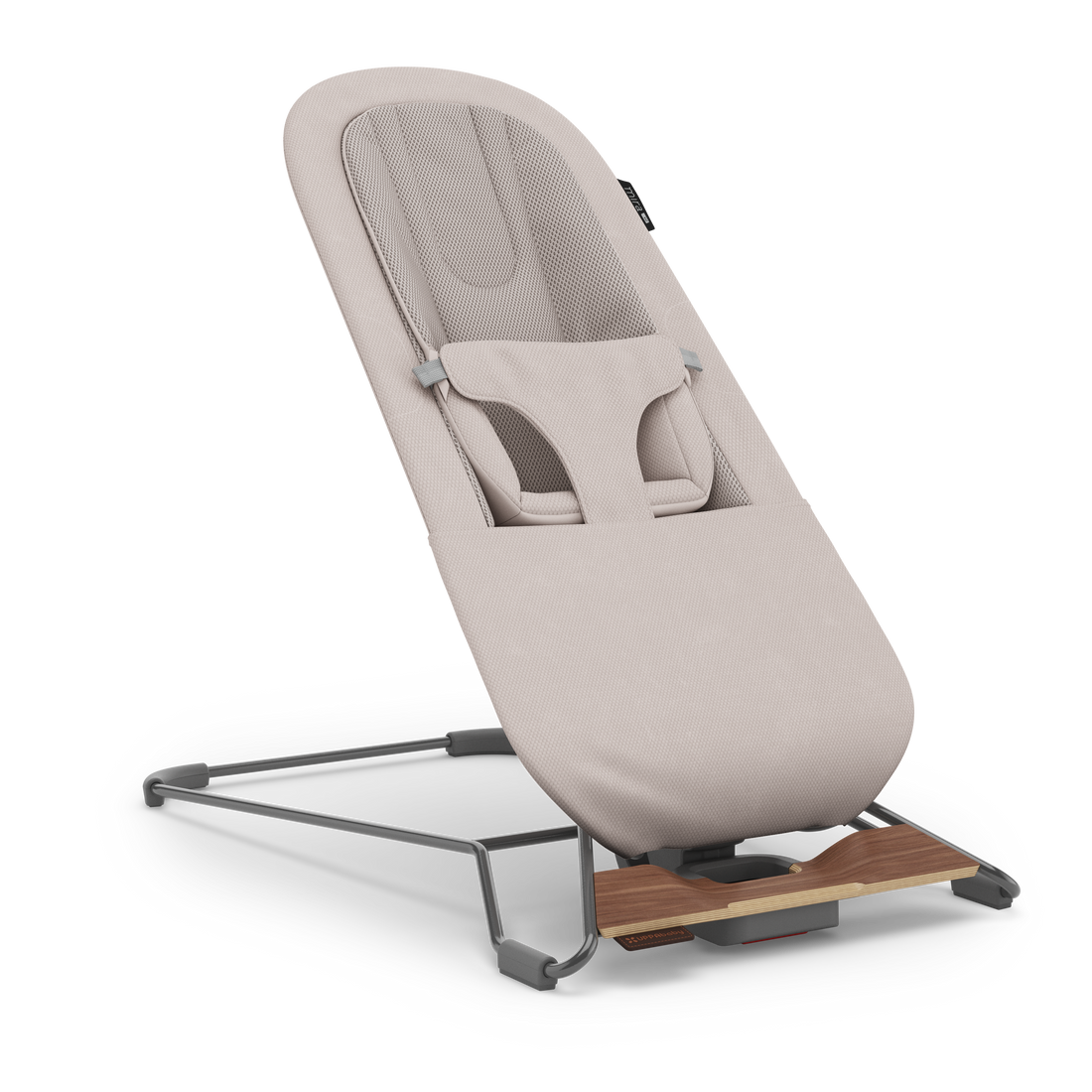 UPPAbaby Mira V2 3-in-1 Bouncer in Townsend (Beige Soft Knit / Walnut), in Snuggle mode with the newborn insert