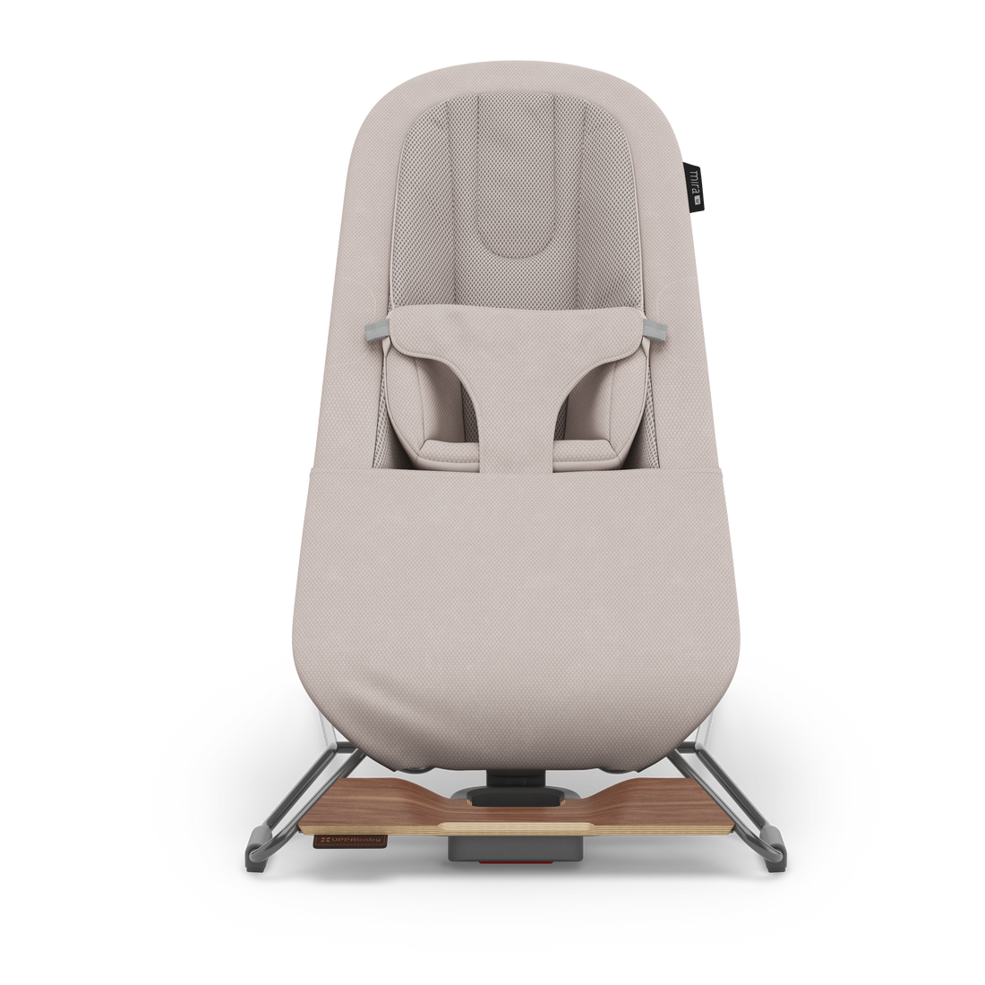 UPPAbaby Mira V2 3-in-1 Bouncer in Townsend (Beige Soft Knit / Walnut), front view in Snuggle mode
