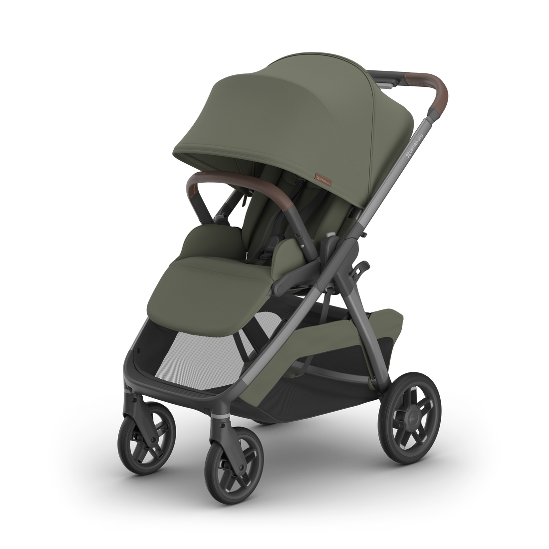 UPPAbaby Kona pram in Evelyn (meadow green), three-quarter view from the left with the sunshade extended