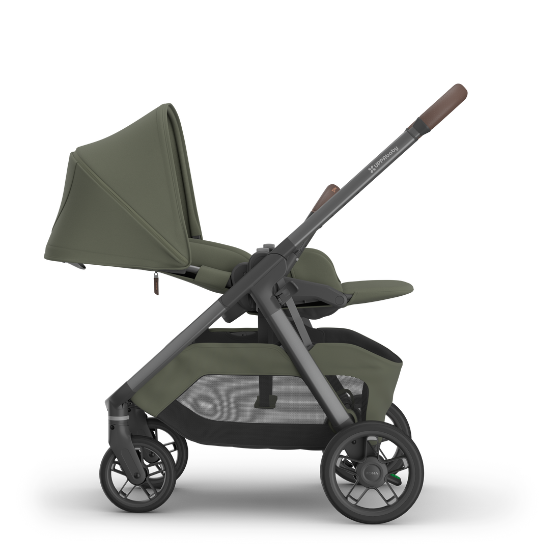 UPPAbaby Kona pram in Evelyn (meadow green), side view with the seat reversed and reclined