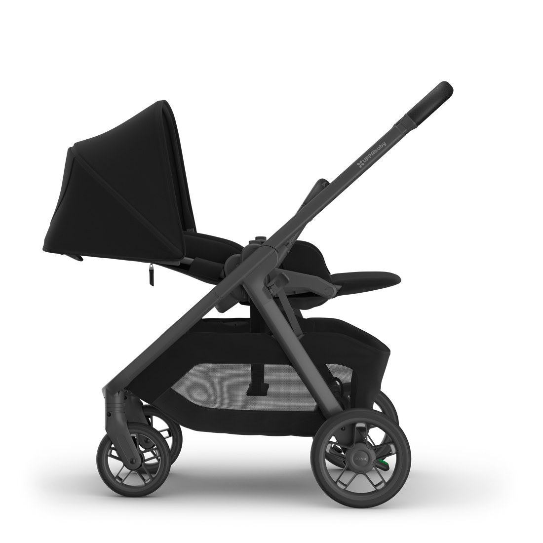UPPAbaby Kona pram in James (black), side view with the seat reversed and reclined