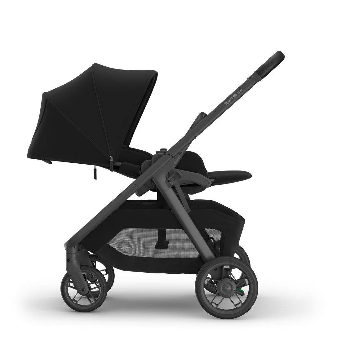 UPPAbaby Kona pram in James (black), side view with the seat reversed and reclined with the sunshade extended