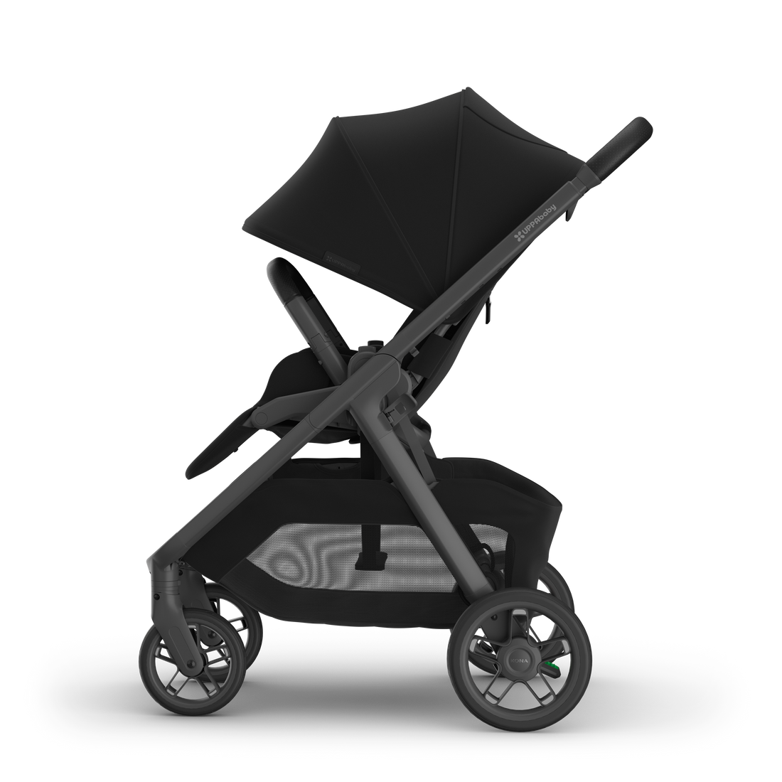 UPPAbaby Kona pram in James (black), side view from the left with the sunshade extended