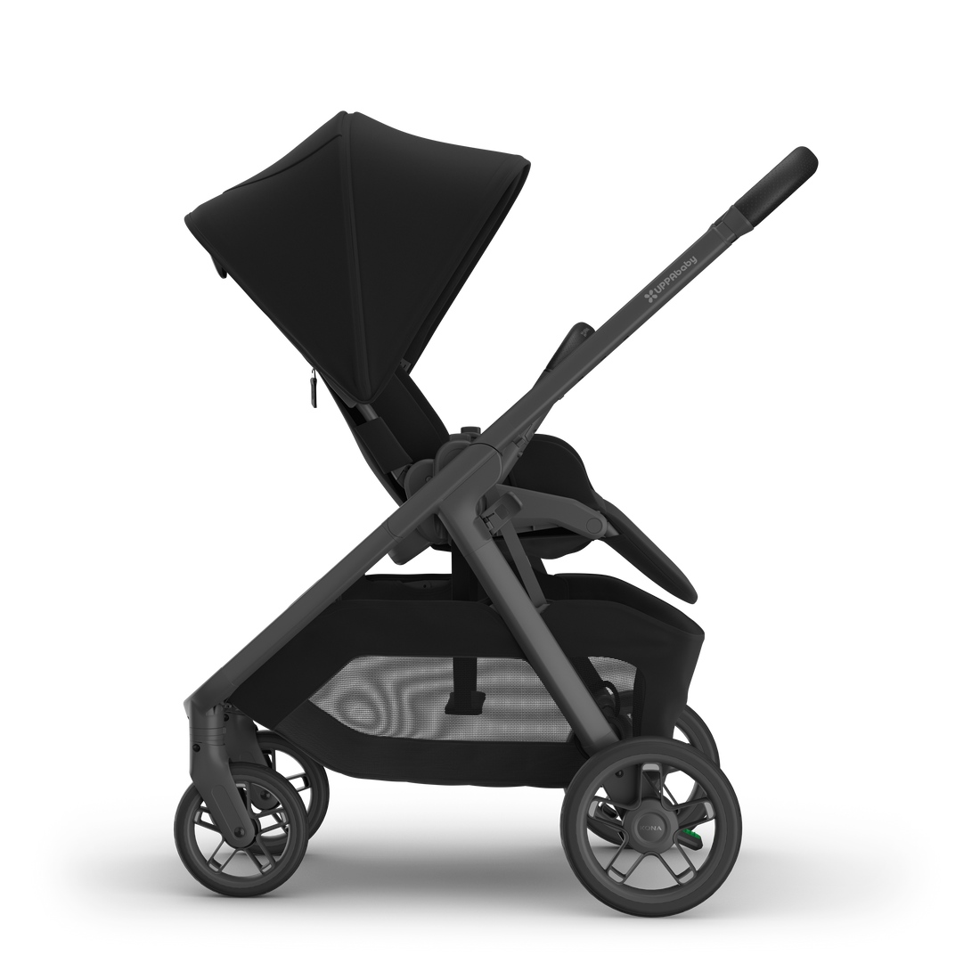 UPPAbaby Kona pram in James (black), side view with the seat reversed to face you