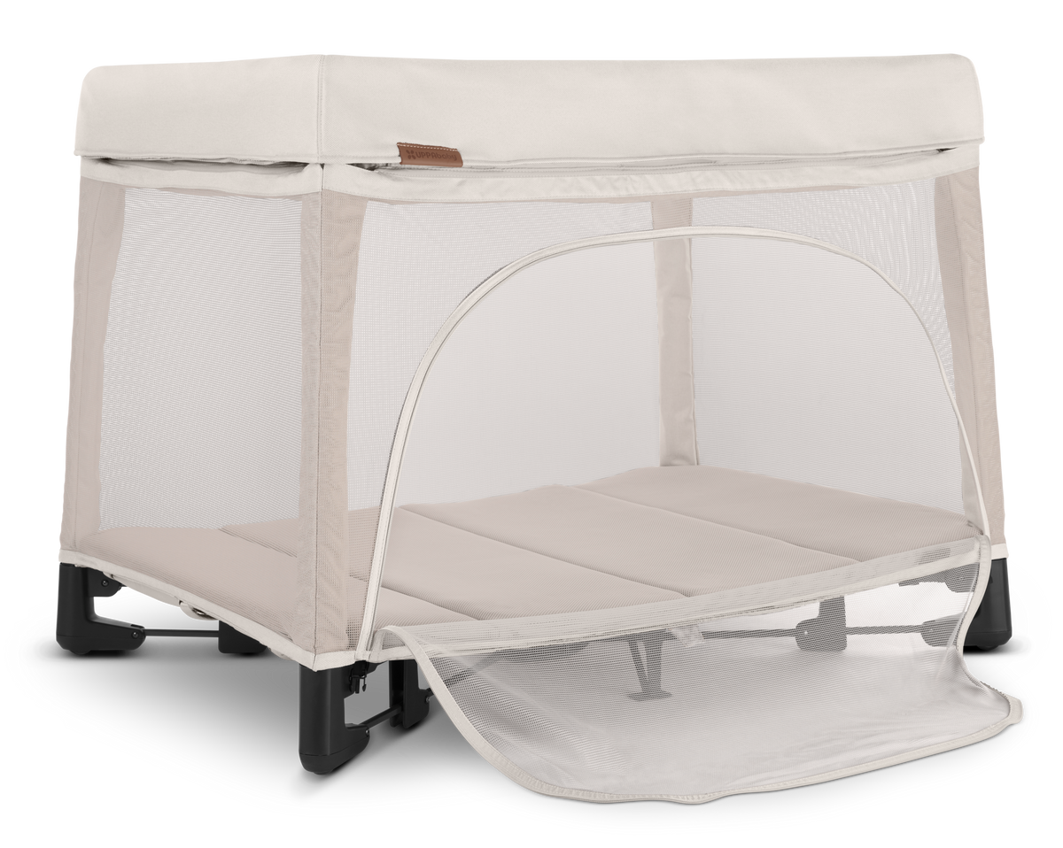 UPPAbaby Remi Portacot - Charlie (Sand Melange), three quarter right panel open