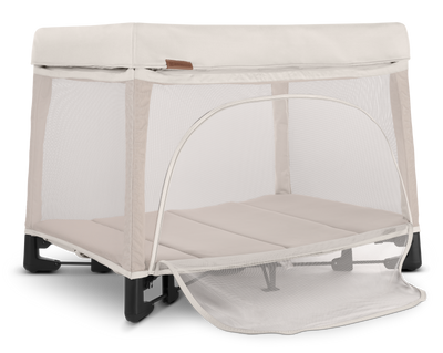 UPPAbaby Remi Portacot - Charlie (Sand Melange), three quarter right panel open