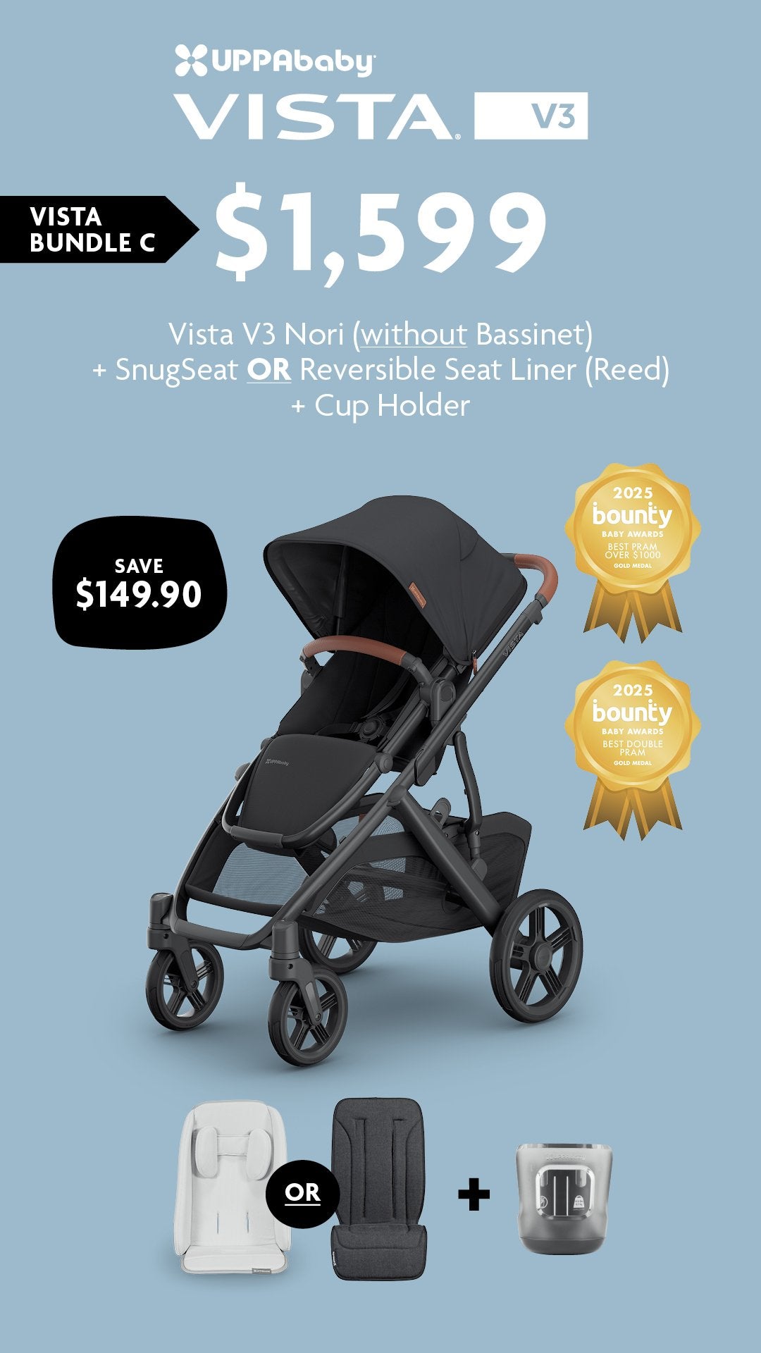 EXPO DEAL - VISTA V3 BUNDLE C - Vista V3 Pram Nori (Without Bassinet)
