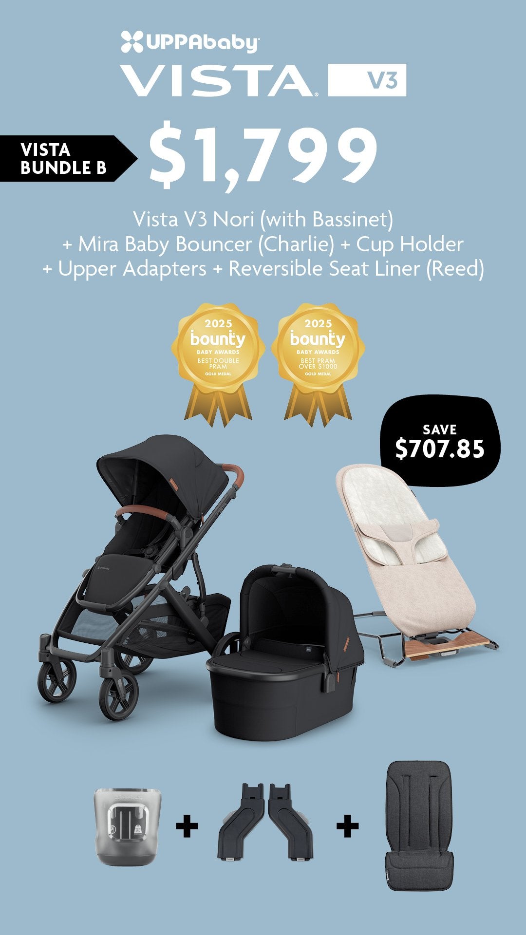 EXPO DEAL - VISTA V3 BUNDLE B - Vista V3 Pram Nori (With Bassinet)