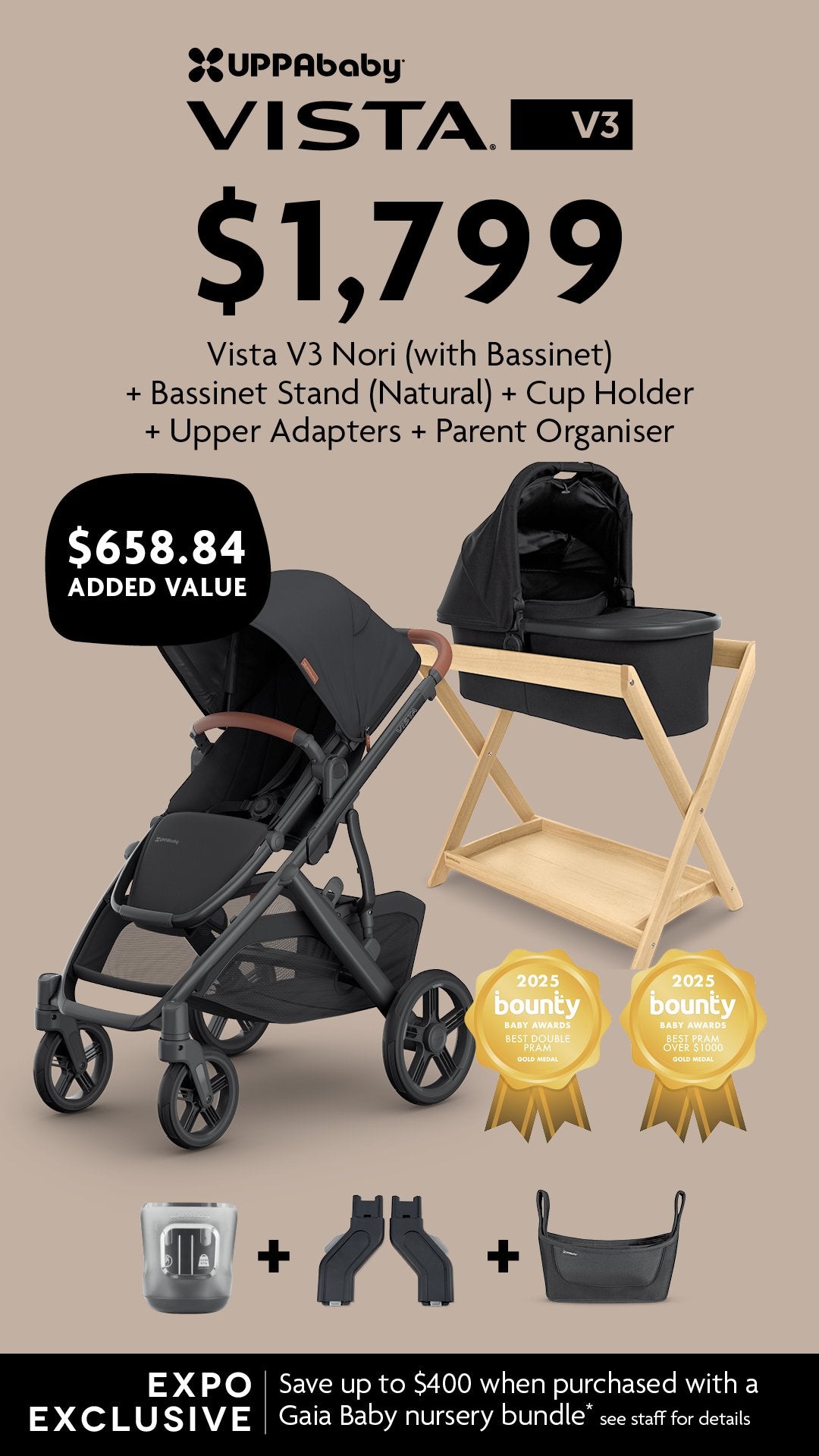 EXPO DEAL - Vista V3 Pram Nori (With Bassinet) - UPPAbaby Australia