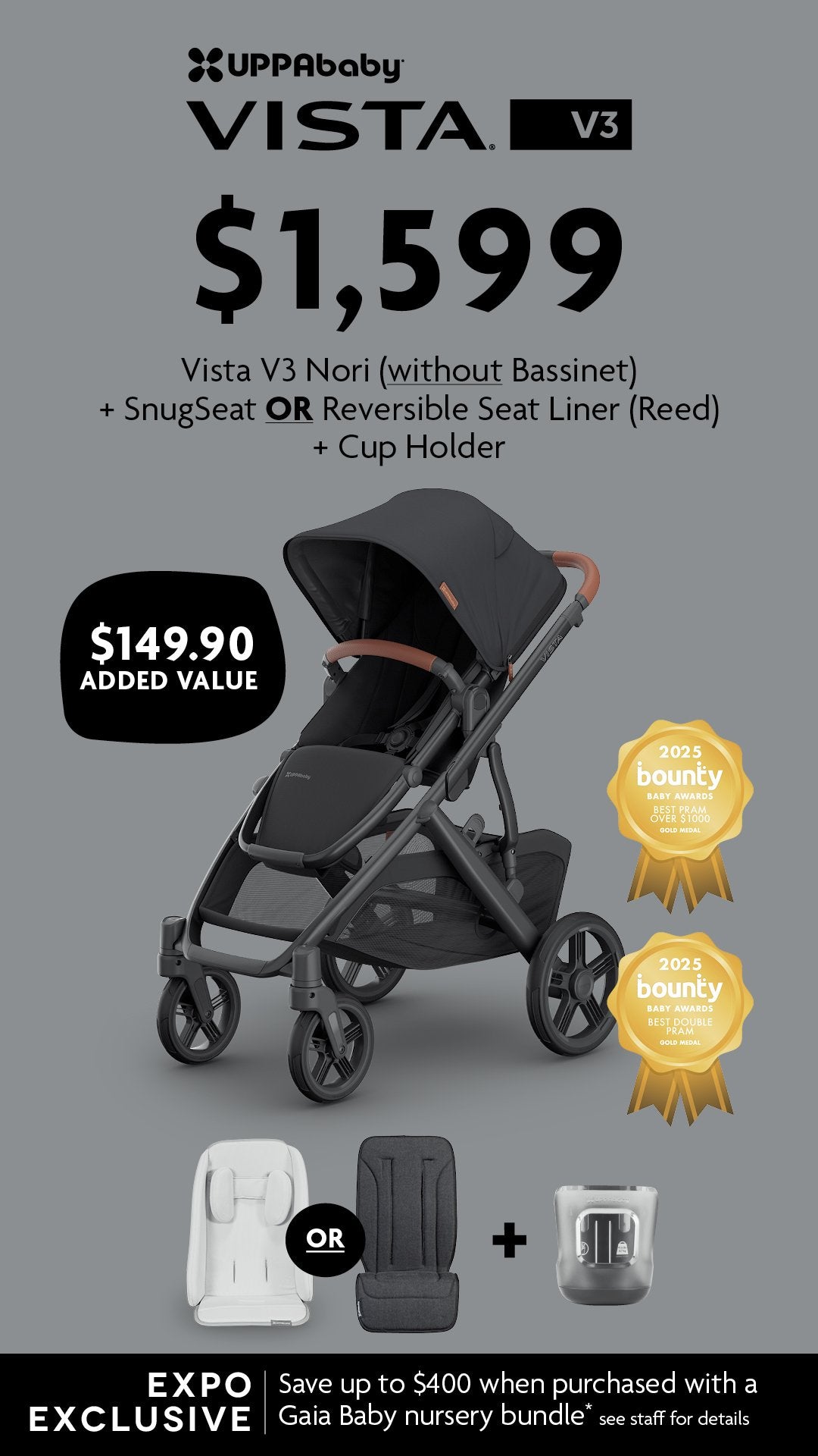 EXPO DEAL - Vista V3 Pram Nori (Without Bassinet) - UPPAbaby Australia